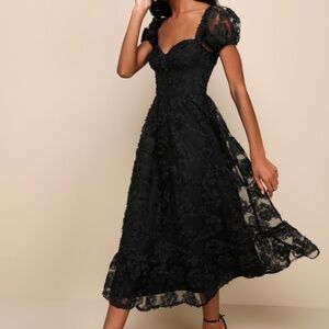 Lulus Notable Elegance Black Mesh Floral Applique Bustier Midi Dress - Size XXL